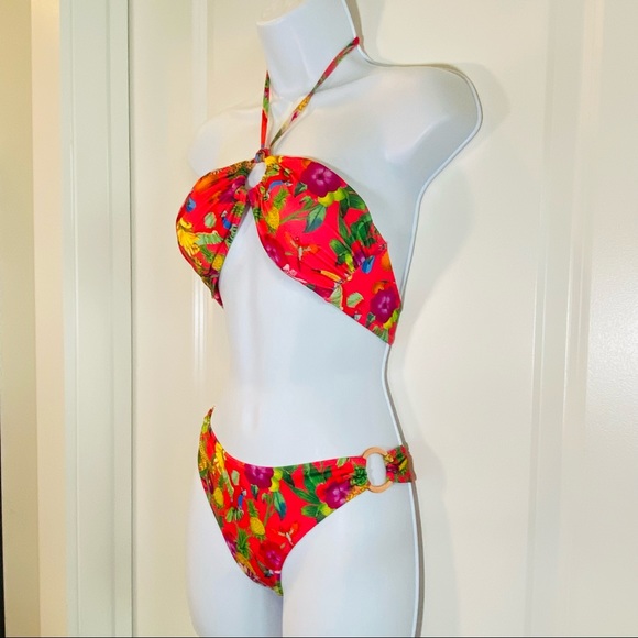 Hot Coral Pink Tropical Print 2 pc Bathing Suit 8 - Picture 3 of 14